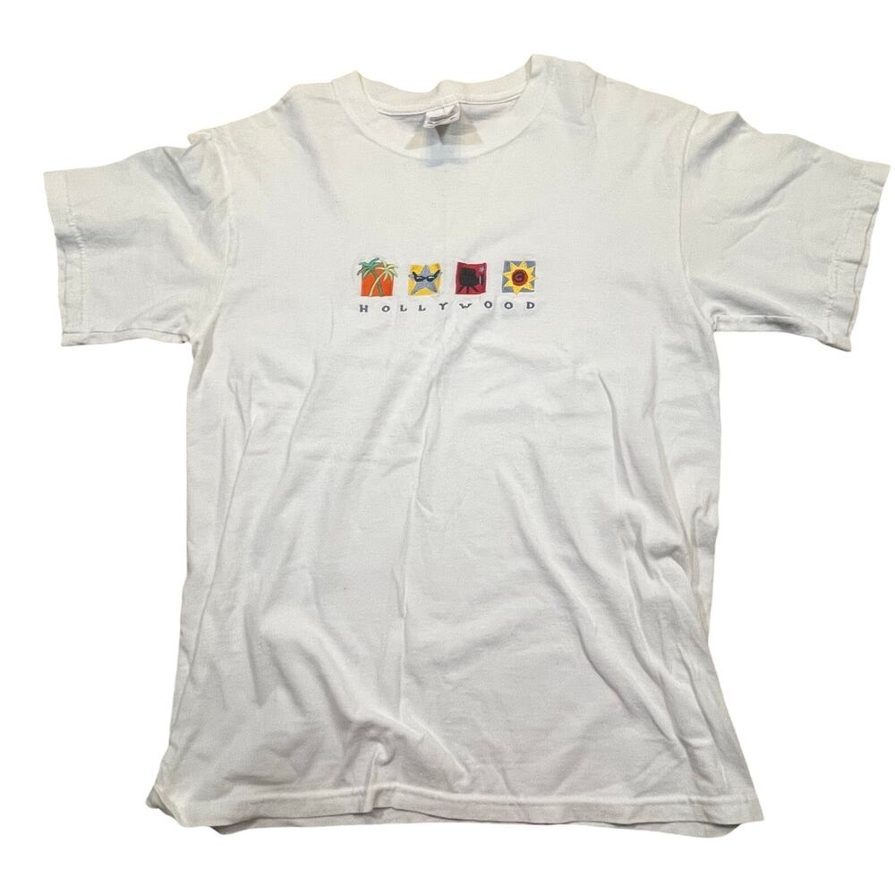 Hollywood Graphic T Shirt Women M White Embroidered Tourist Vintage Style